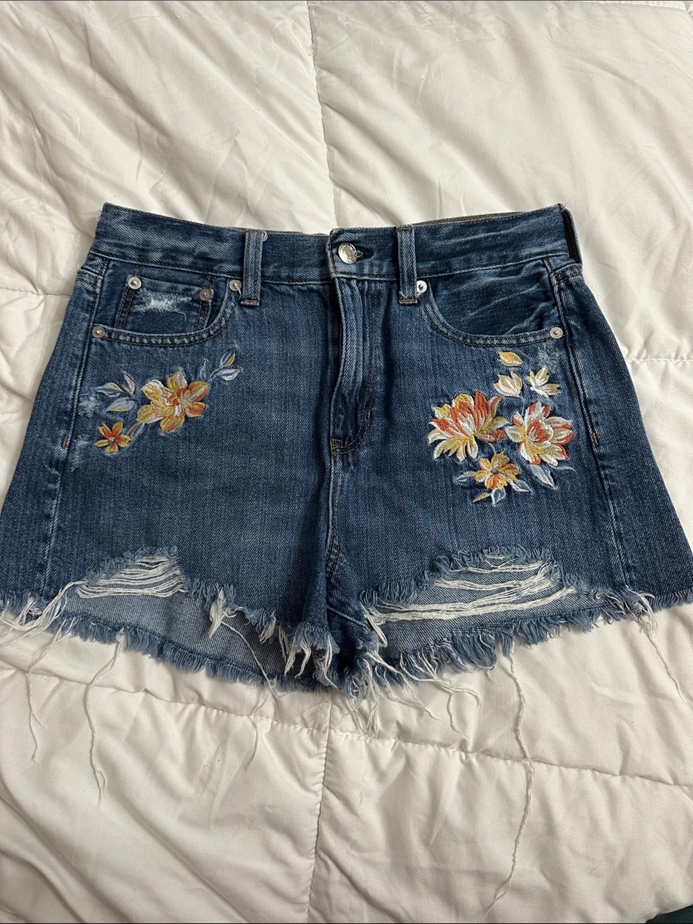 American Eagle Outfitters Blue Embroidered Floral Denim Shorts